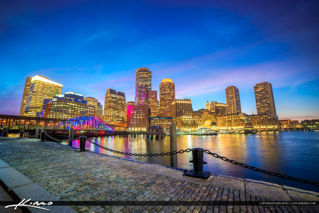 Photo along the Boston Harbor Walk as seen at night